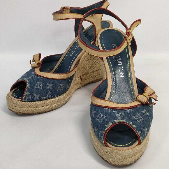 Louis Vuitton Denim Monogram Wedge Espadrilles with Bow - Size 38 - Picture 1 of 10